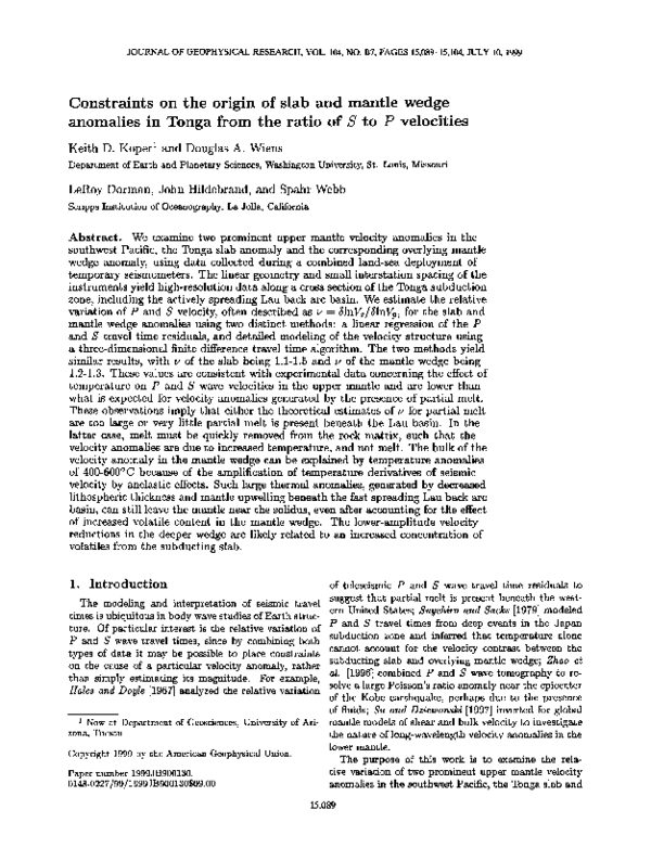 (PDF) Constraints on the origin of slab and mantle wedge anomalies in ...