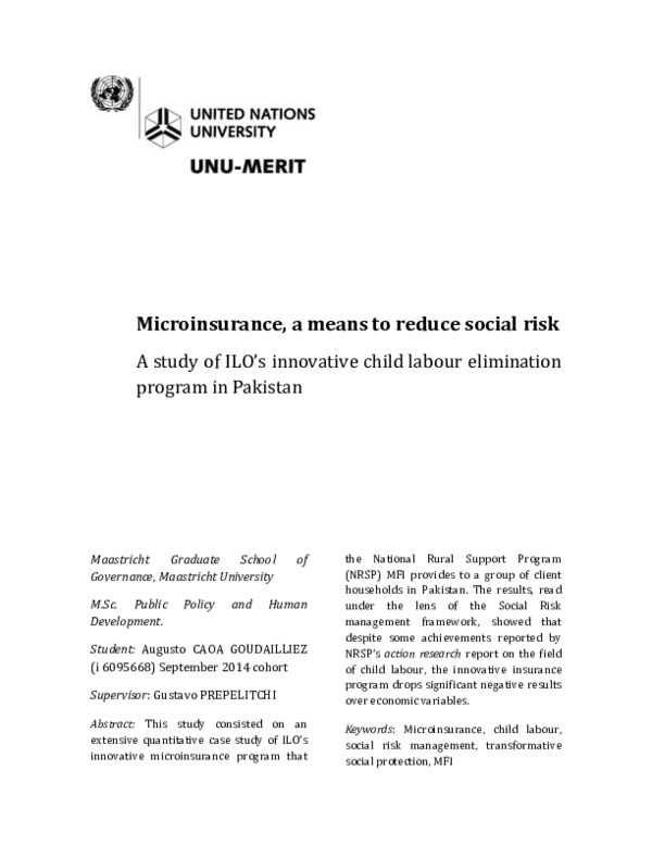 (PDF) Microinsurance, a means to reduce social risk