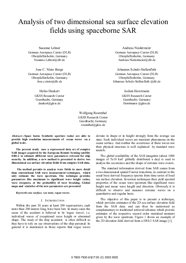 (PDF) Analysis of two dimensional sea surface elevation fields using ...