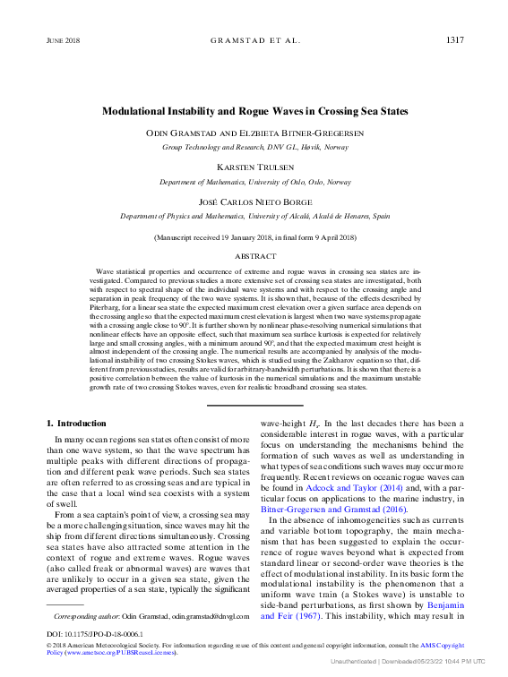 (PDF) Modulational Instability and Rogue Waves in Crossing Sea States