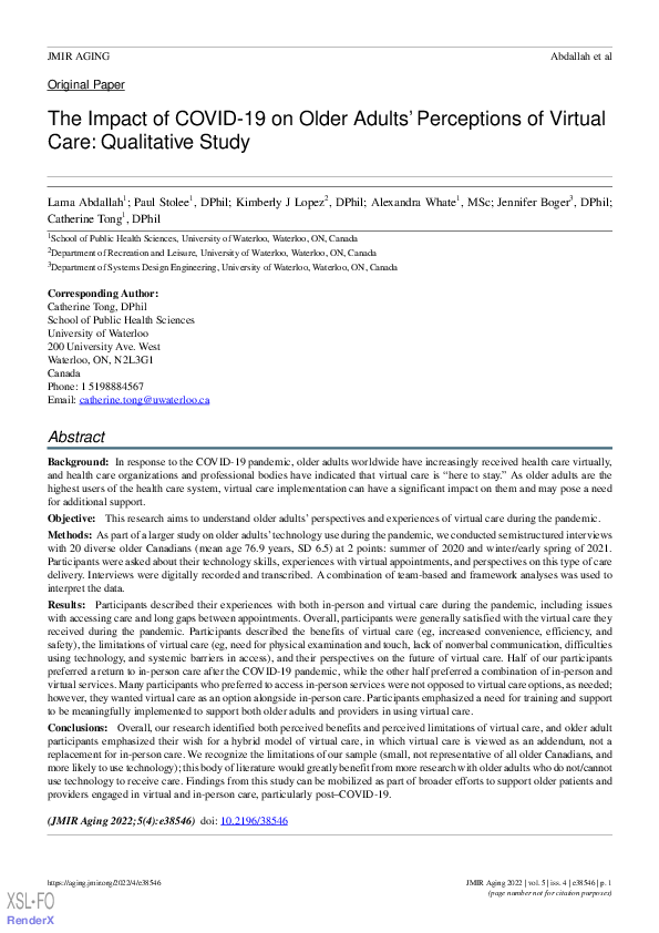 (PDF) The Impact of COVID-19 on Older Adults’ Perceptions of Virtual ...