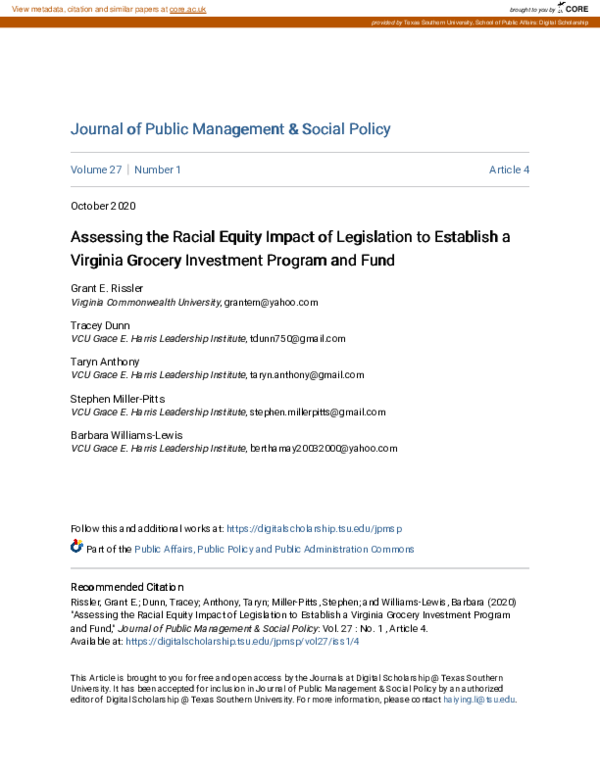 (PDF) Assessing the Racial Equity Impact of Legislation to Establish a ...