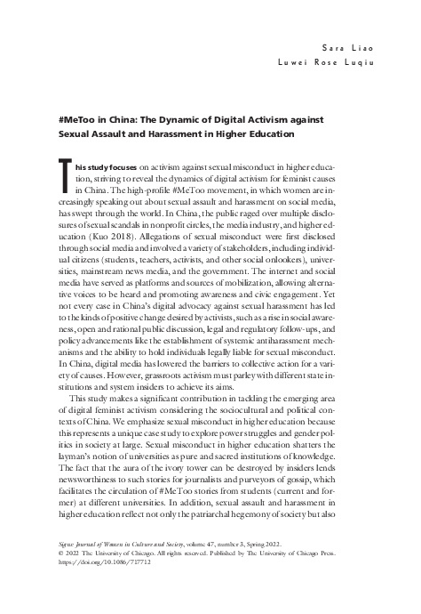 (PDF) #MeToo in China: The Dynamic of Digital Activism against Sexual ...