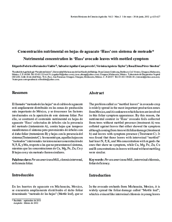 (PDF) Concentración nutrimental en hojas de aguacate ‘Hass’ con síntoma