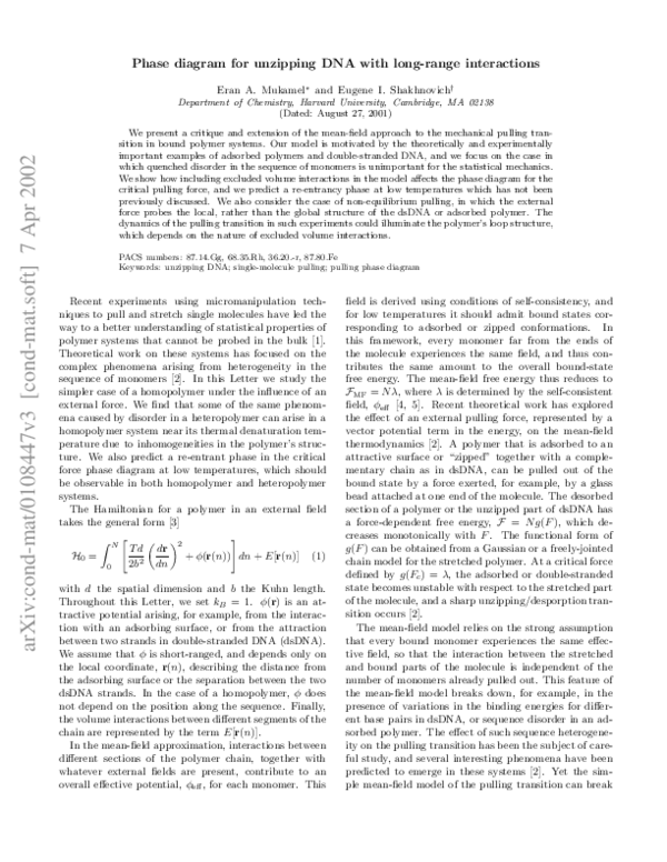 (PDF) Phase diagram for unzipping DNA with long-range interactions