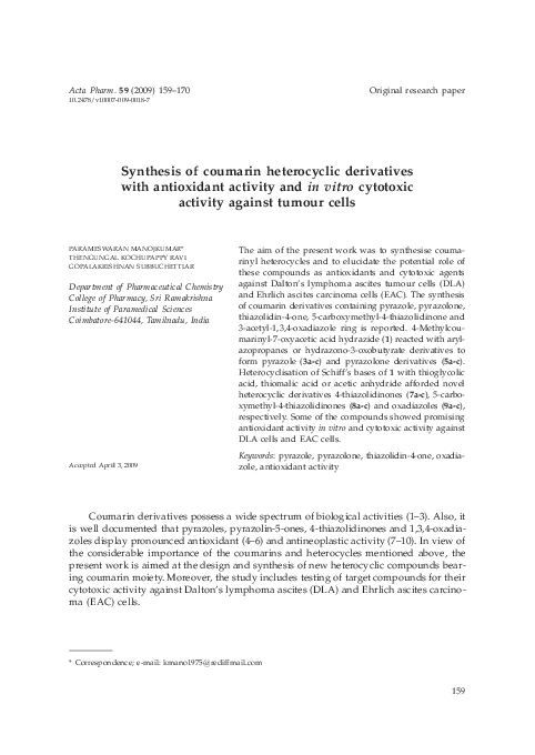 (PDF) Synthesis of coumarin heterocyclic derivatives with antioxidant ...