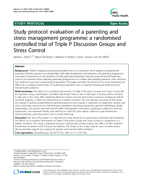 (PDF) Study protocol: evaluation of a parenting and stress management ...