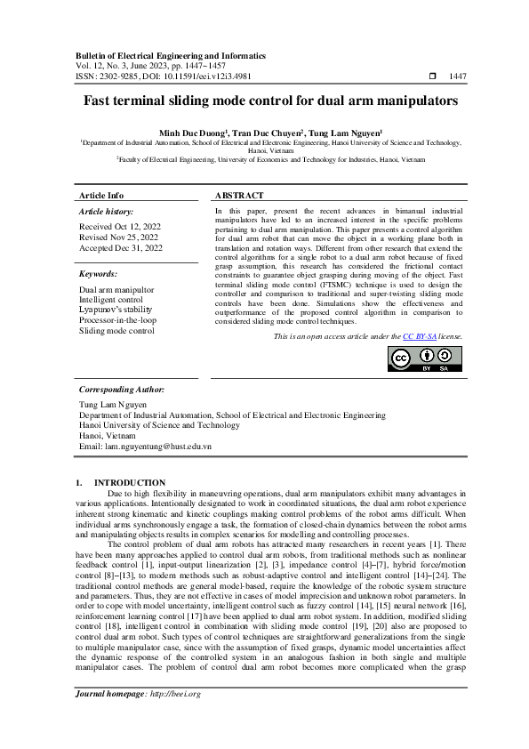 (PDF) Fast terminal sliding mode control for dual arm manipulators