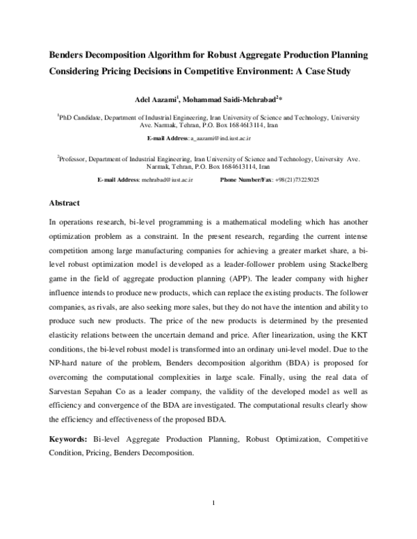 (PDF) Benders Decomposition Algorithm for Robust Aggregate Production ...