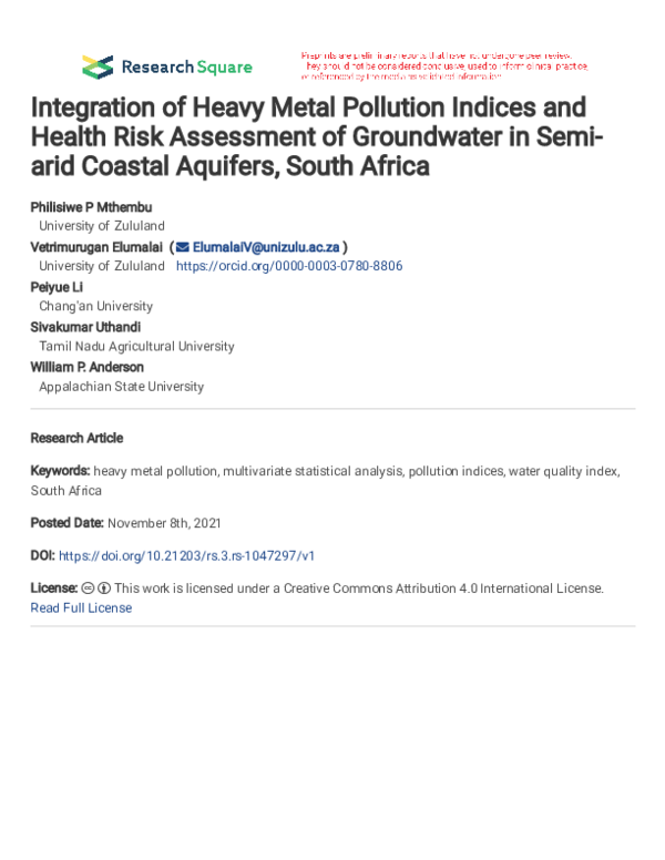 (PDF) Integration of Heavy Metal Pollution Indices and Health Risk ...