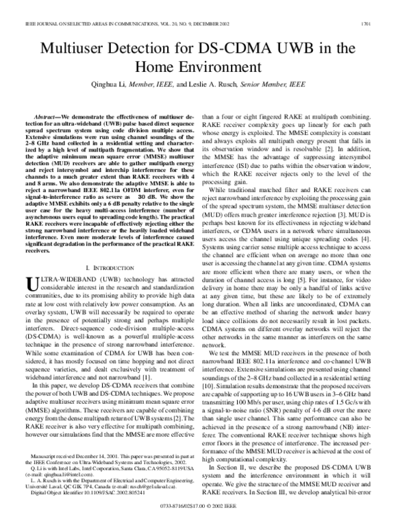 (PDF) Multiuser detection for DS-CDMA UWB in the home environment