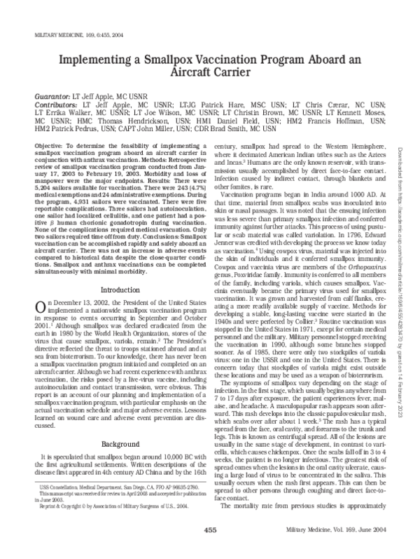(PDF) Implementing a Smallpox Vaccination Program Aboard an Aircraft ...
