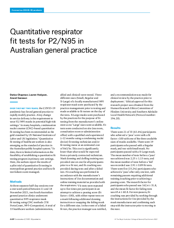(PDF) Quantitative respirator fit tests for P2/N95 in Australian ...
