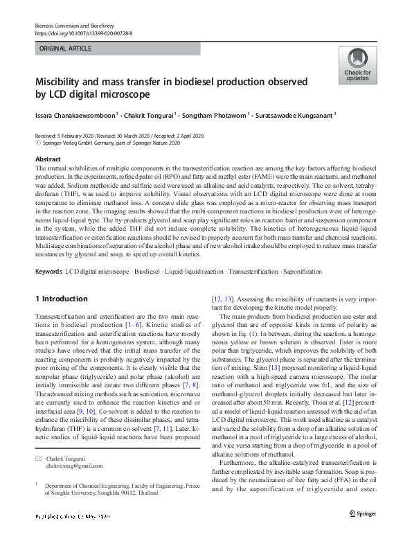 (PDF) Miscibility and mass transfer in biodiesel production observed by ...