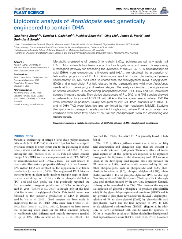 (PDF) Lipidomic analysis of Arabidopsis seed genetically engineered to ...