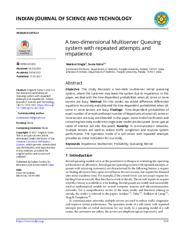 (PDF) A two-dimensional Multiserver Queuing system with repeated ...
