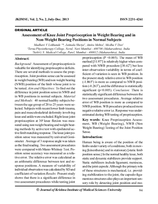 (PDF) Assessment of Knee Joint Proprioception in Weight Bearing and in ...