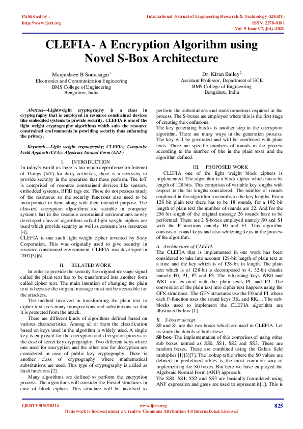 (PDF) CLEFIA- A Encryption Algorithm using Novel S-Box Architecture