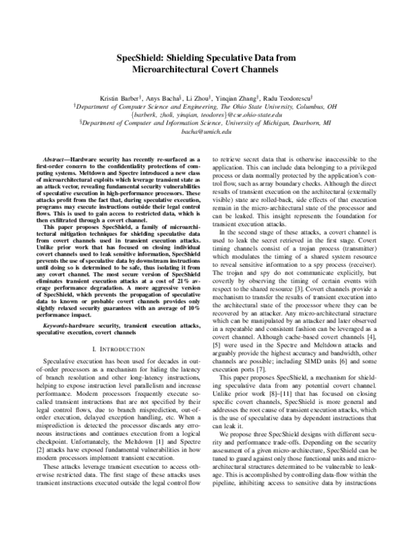 (PDF) SpecShield: Shielding Speculative Data from Microarchitectural ...