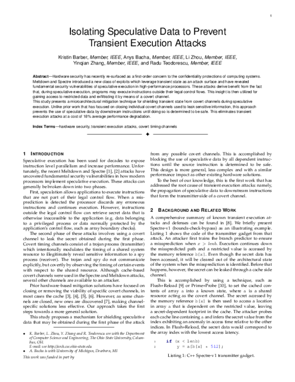 (PDF) Isolating Speculative Data to Prevent Transient Execution Attacks