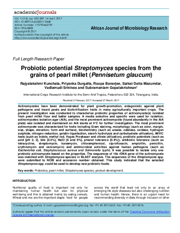 (PDF) Probiotic potential Streptomyces species from the grains of pearl ...
