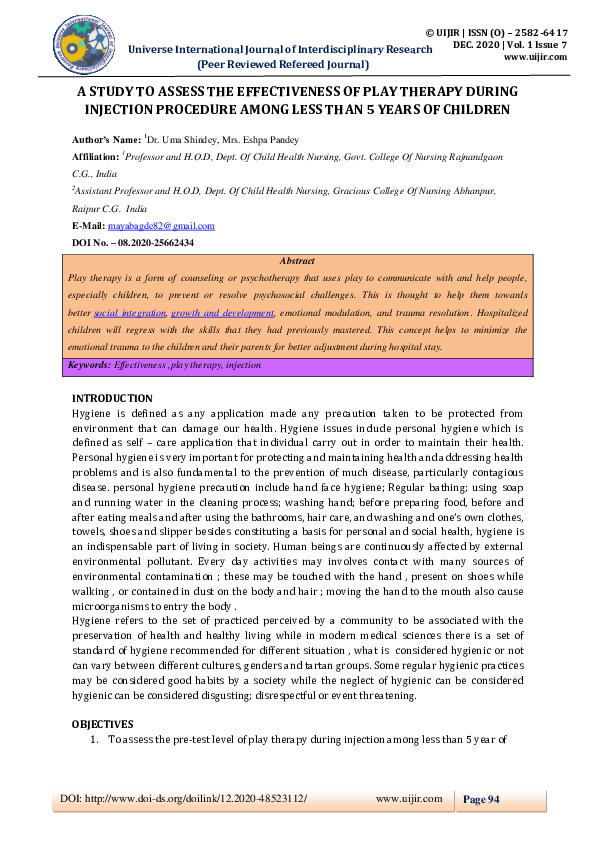 (PDF) A STUDY TO ASSESS THE EFFECTIVENESS OF PLAY THERAPY DURING ...