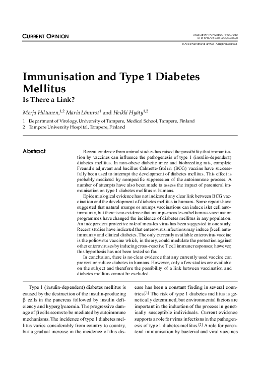 (PDF) Immunisation and Type 1 Diabetes Mellitus