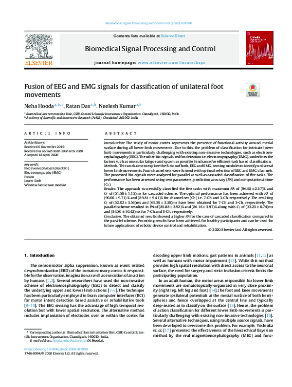 (PDF) Fusion of EEG and EMG signals for classification of unilateral ...