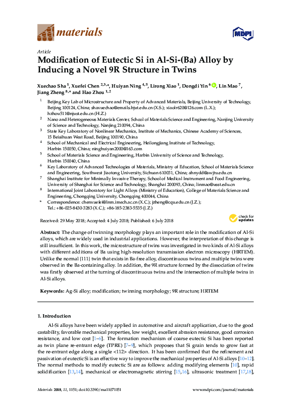 (PDF) Modification of Eutectic Si in Al-Si-(Ba) Alloy by Inducing a ...