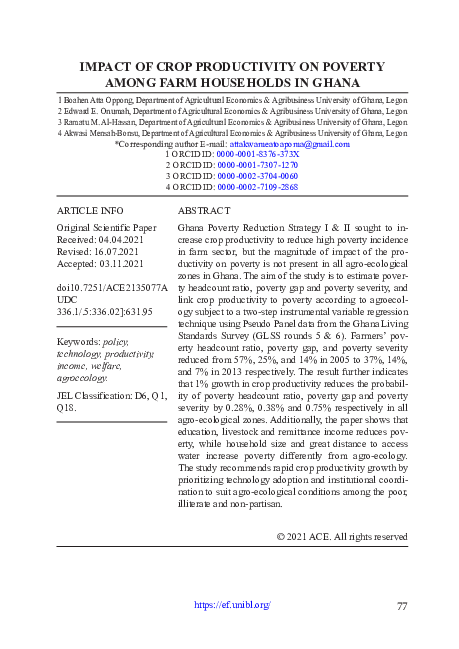 (PDF) Impact of Crop Productivity on Poverty Among Farm Households in Ghana