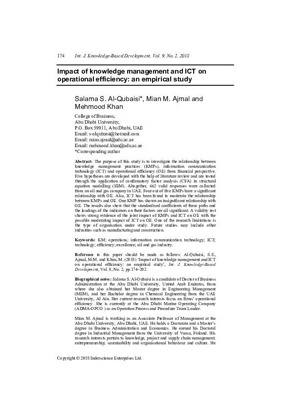 (PDF) Impact of Knowledge Management and ICT on Operational Efficiency ...
