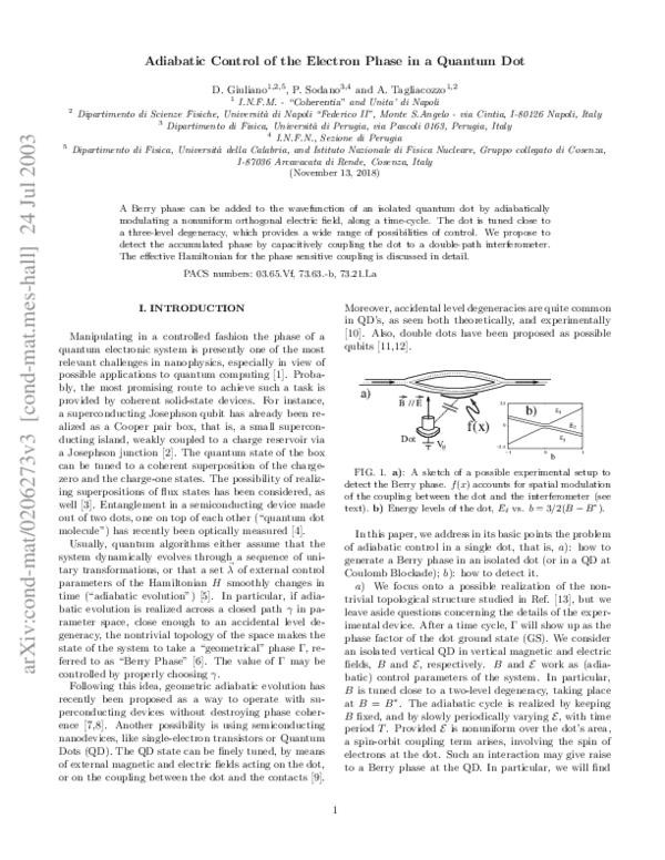 (PDF) Adiabatic control of the electron phase in a quantum dot