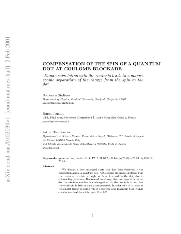 (PDF) Compensation of the Spin of a Quantum dot at Coulomb Blockade