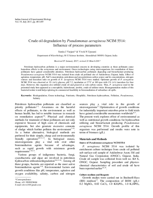(PDF) Crude oil degradation by Pseudomonas aeruginosa NCIM 5514 ...