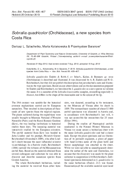 (PDF) Sobralia quadricolor(Orchidaceae), a New Species from Costa Rica