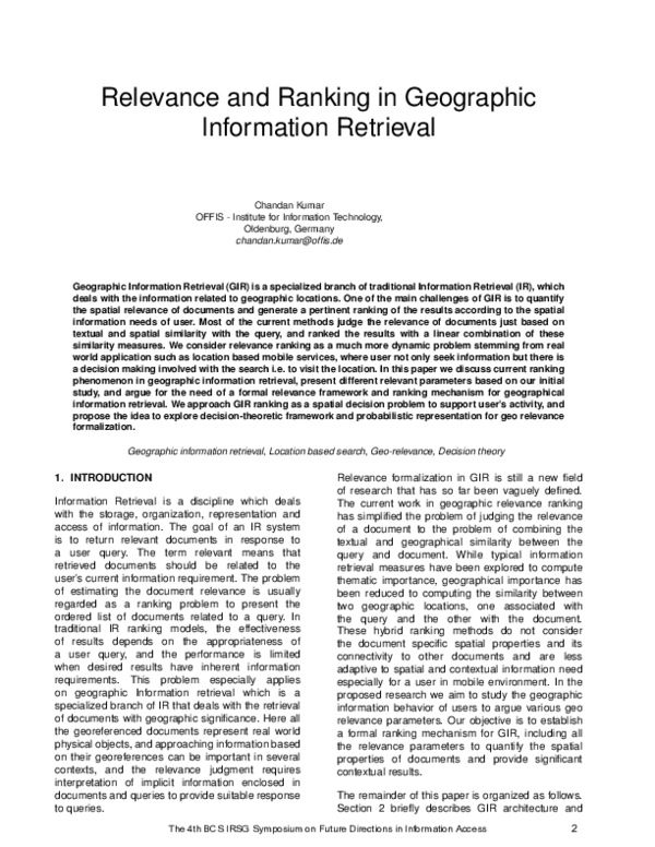 (PDF) Relevance and Ranking in Geographic Information Retrieval