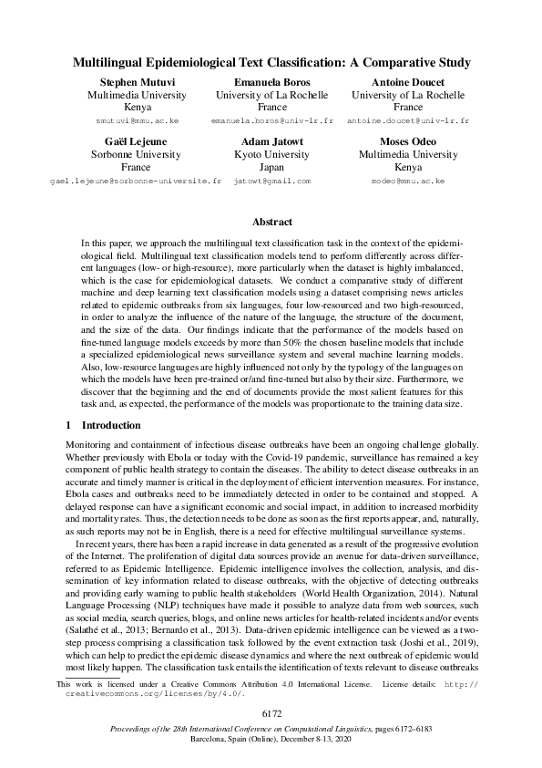 (PDF) Multilingual Epidemiological Text Classification: A Comparative Study