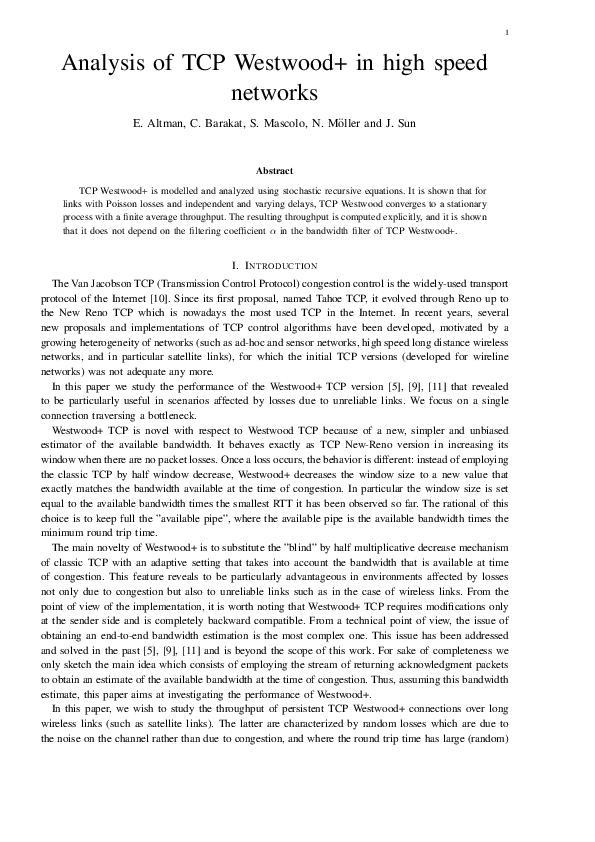 (PDF) Analysis of TCP Westwood+ in high speed networks