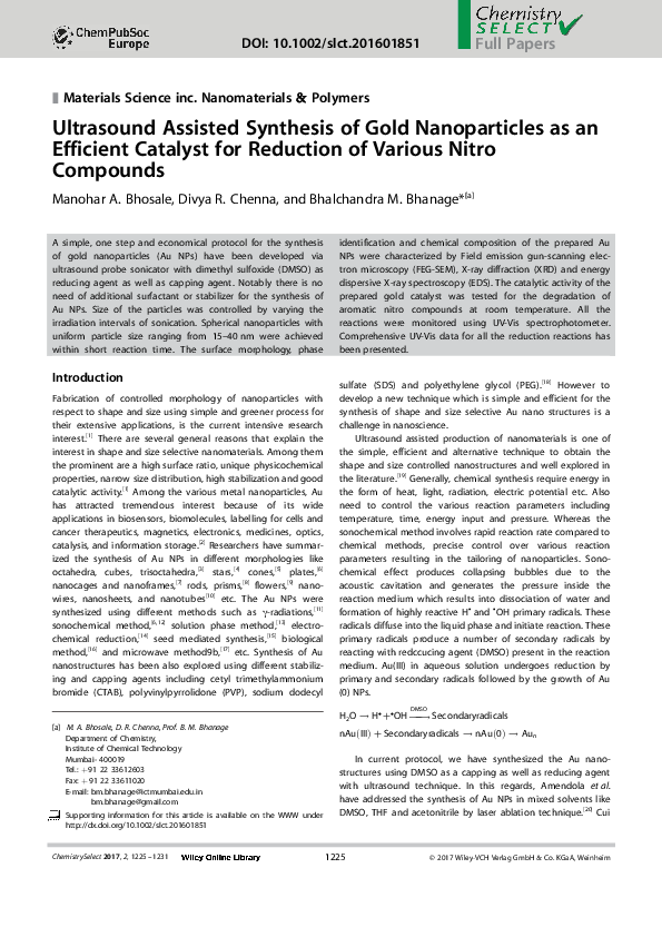 (PDF) Ultrasound Assisted Synthesis of Gold Nanoparticles as an ...