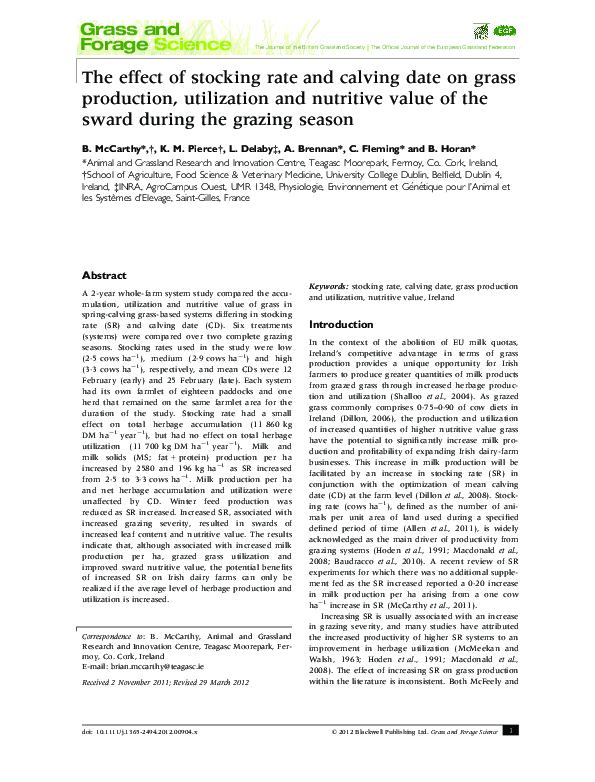 (PDF) The effect of stocking rate and calving date on grass production ...