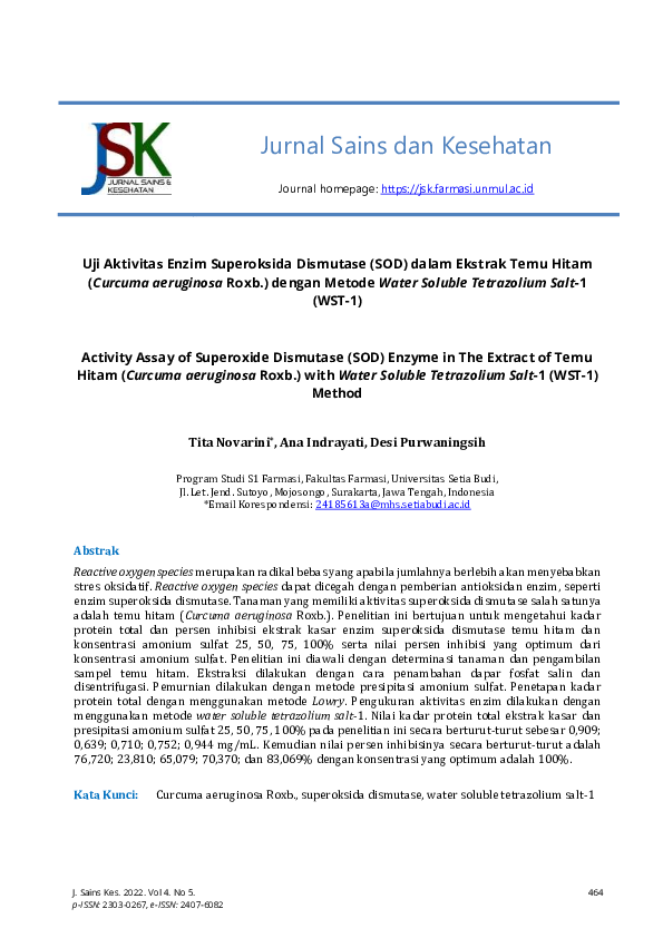 (PDF) Uji Aktivitas Enzim Superoksida Dismutase (SOD) dalam Ekstrak ...