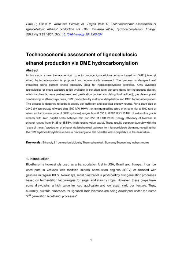 (PDF) Technoeconomic assessment of lignocellulosic ethanol production ...