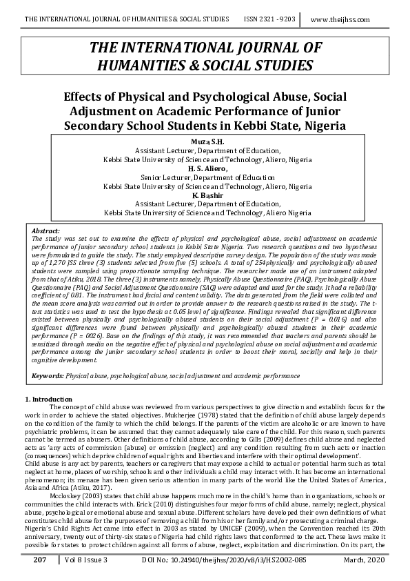(PDF) Effects of Physical and Psychological Abuse, Social Adjustment on ...
