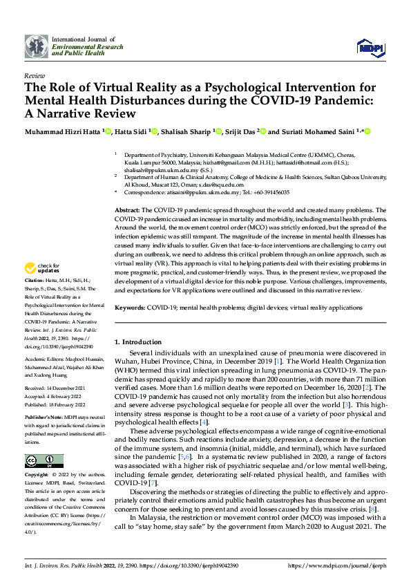 (PDF) The Role of Virtual Reality as a Psychological Intervention for ...