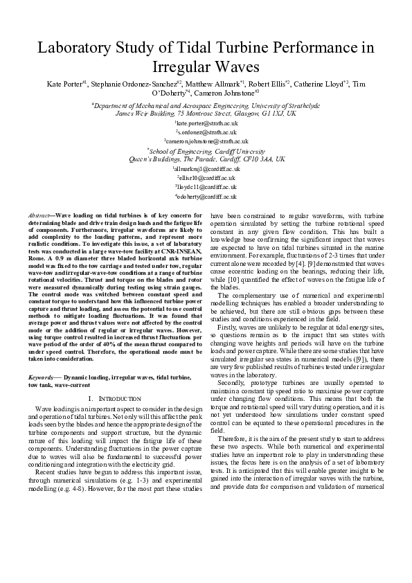 (PDF) Laboratory study of tidal turbine performance in irregular waves