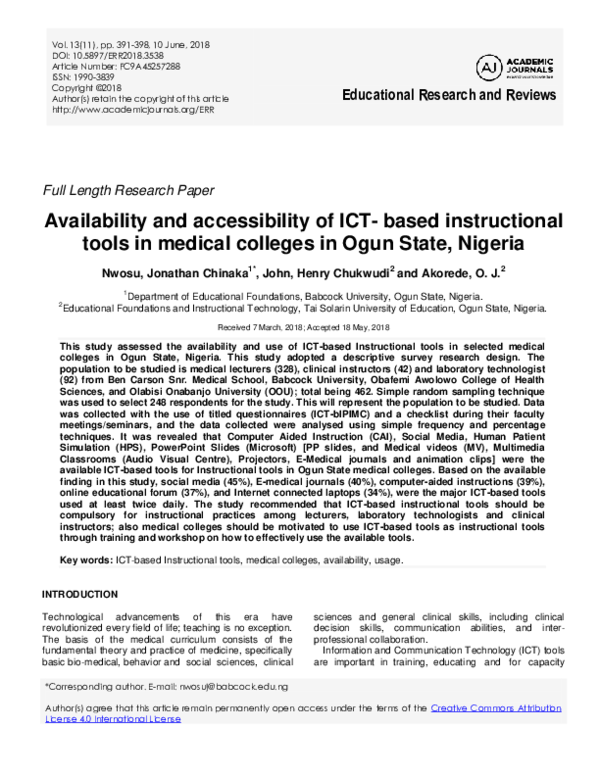 (PDF) Availability and accessibility of ICT- based instructional tools ...