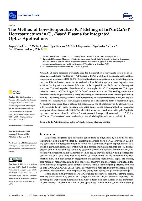 (PDF) The Method of Low-Temperature ICP Etching of InP/InGaAsP ...