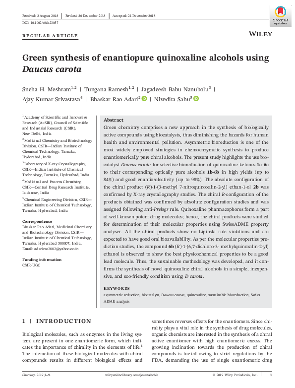 (PDF) Green synthesis of enantiopure quinoxaline alcohols using Daucus ...