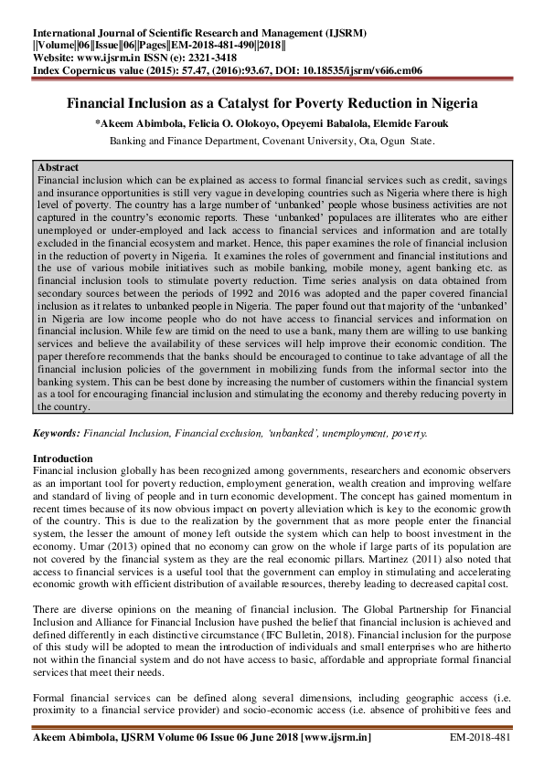 (PDF) Financial Inclusion as a Catalyst for Poverty Reduction in Nigeria
