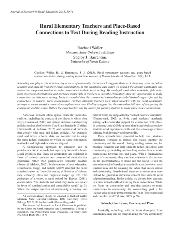 (PDF) Rural Elementary Teachers and Place-Based Connections to Text ...